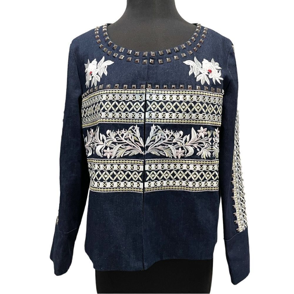 𝅺Floryday Dark Wash Denim Embellished Blazer Jacket Sz L